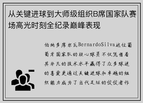 从关键进球到大师级组织B席国家队赛场高光时刻全纪录巅峰表现