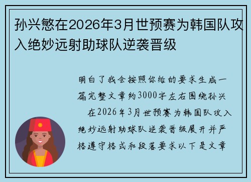 孙兴慜在2026年3月世预赛为韩国队攻入绝妙远射助球队逆袭晋级